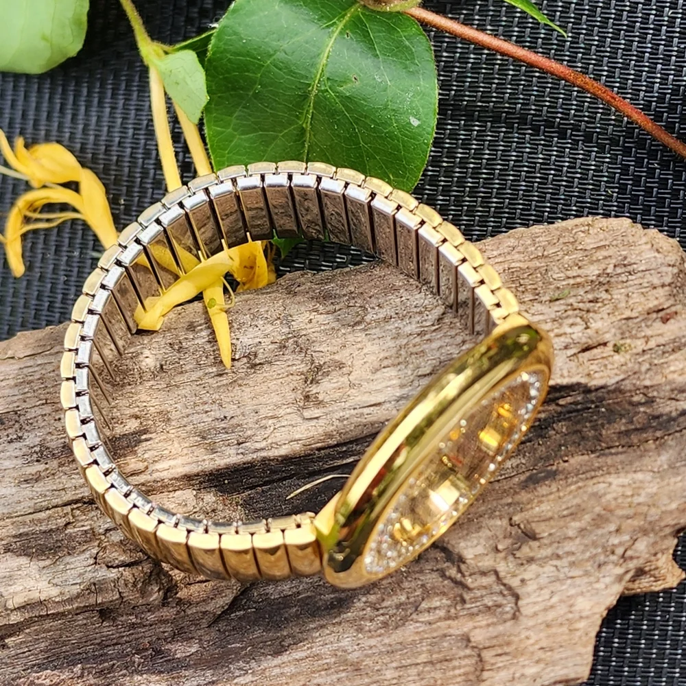 Gold Toned Women's Stretch Band Bracelet Watch with Rhinestone Crystal Accents